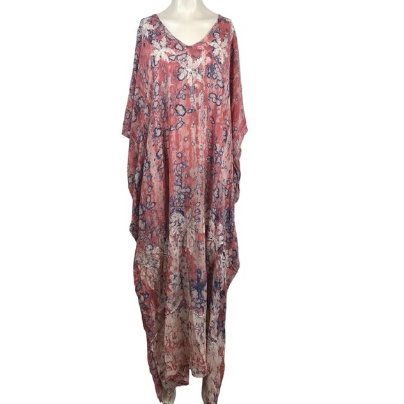 SAKKAS - WOMEN ONE SIZE HIBISCUS PINK V NECK BUTTERFLY SLEEVE RAYON MUUMUU DRESS - Picture 1 of 6